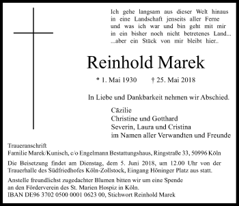 Anzeige von Reinhold Marek von Kölner Stadt-Anzeiger / Kölnische Rundschau / Express