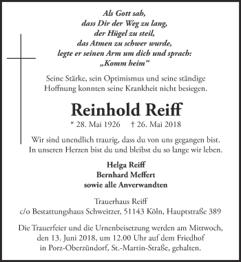 Anzeige von Reinhold Reiff von  Kölner Wochenspiegel 