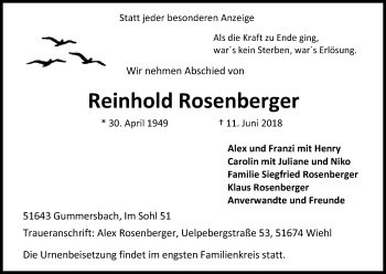 Anzeige von Reinhold Rosenberger von Kölner Stadt-Anzeiger / Kölnische Rundschau / Express