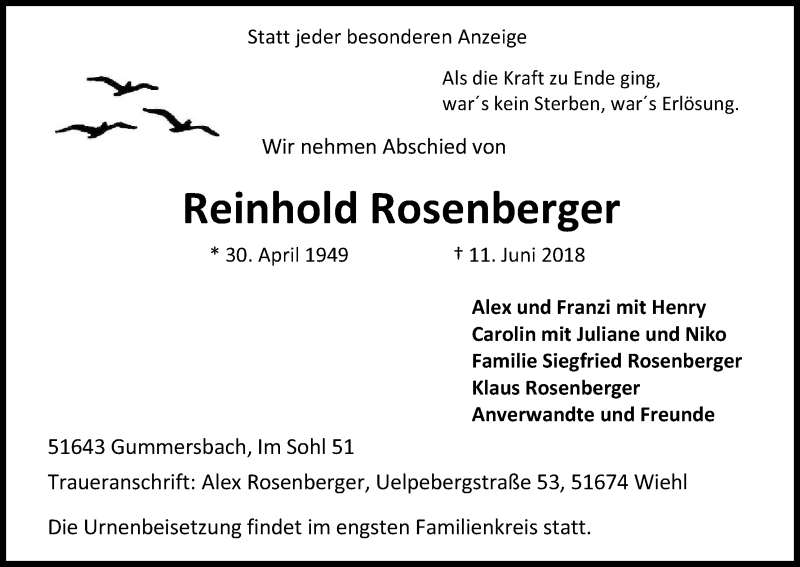  Traueranzeige für Reinhold Rosenberger vom 30.06.2018 aus Kölner Stadt-Anzeiger / Kölnische Rundschau / Express