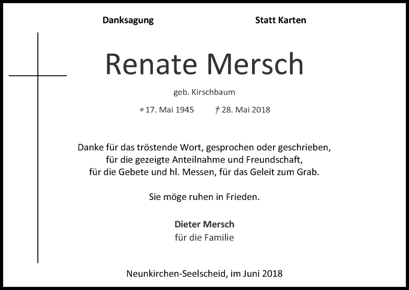  Traueranzeige für Renate Mersch vom 16.06.2018 aus Kölner Stadt-Anzeiger / Kölnische Rundschau / Express