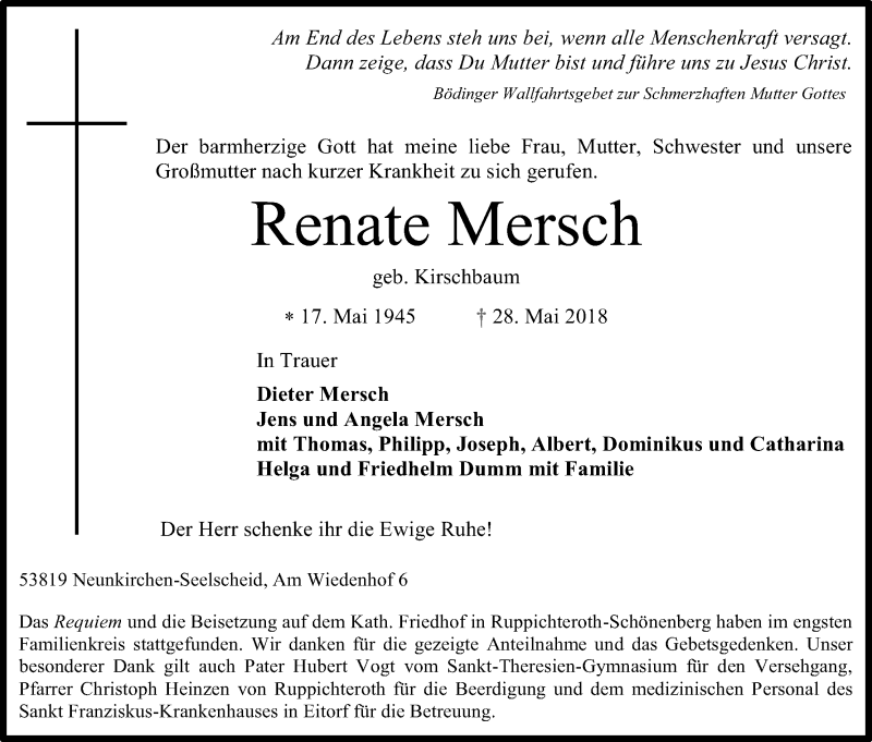  Traueranzeige für Renate Mersch vom 05.06.2018 aus Kölner Stadt-Anzeiger / Kölnische Rundschau / Express