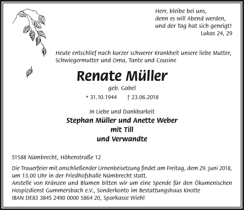  Traueranzeige für Renate Müller vom 27.06.2018 aus  Lokalanzeiger 