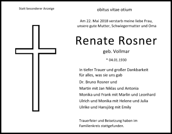 Anzeige von Renate Rosner von Kölner Stadt-Anzeiger / Kölnische Rundschau / Express