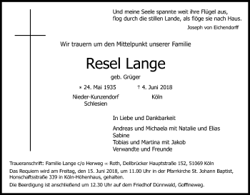 Anzeige von Resel Lange von Kölner Stadt-Anzeiger / Kölnische Rundschau / Express