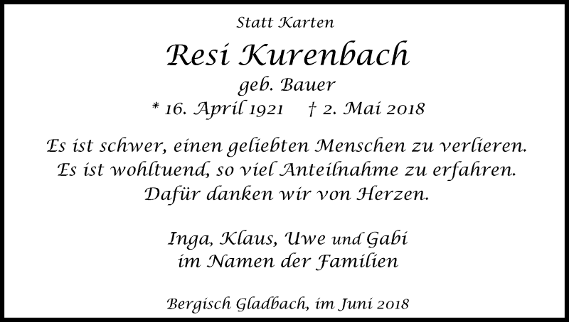  Traueranzeige für Resi Kurenbach vom 16.06.2018 aus Kölner Stadt-Anzeiger / Kölnische Rundschau / Express