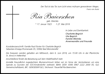 Anzeige von Ria Baierschen von Kölner Stadt-Anzeiger / Kölnische Rundschau / Express