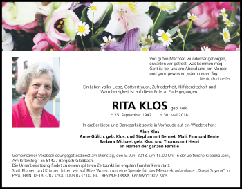 Anzeige von Rita Klos von Kölner Stadt-Anzeiger / Kölnische Rundschau / Express