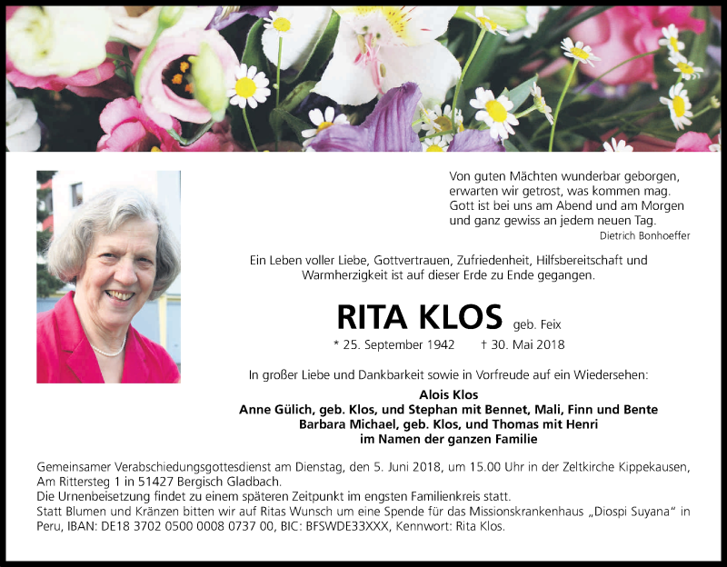  Traueranzeige für Rita Klos vom 02.06.2018 aus Kölner Stadt-Anzeiger / Kölnische Rundschau / Express