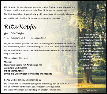 Anzeige von Rita Köpfer von Kölner Stadt-Anzeiger / Kölnische Rundschau / Express