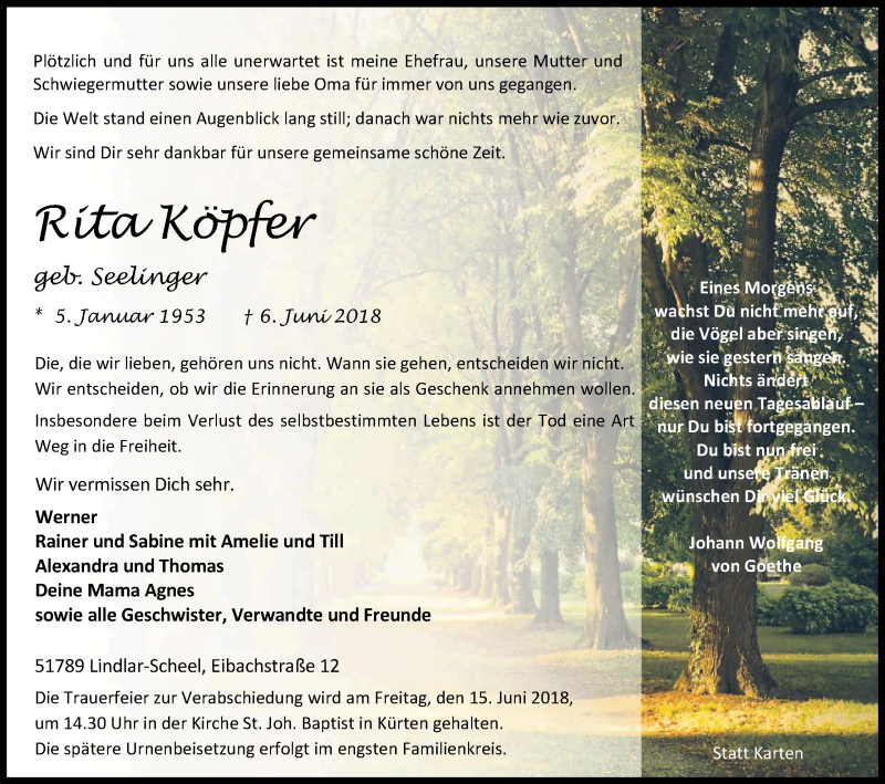  Traueranzeige für Rita Köpfer vom 12.06.2018 aus Kölner Stadt-Anzeiger / Kölnische Rundschau / Express