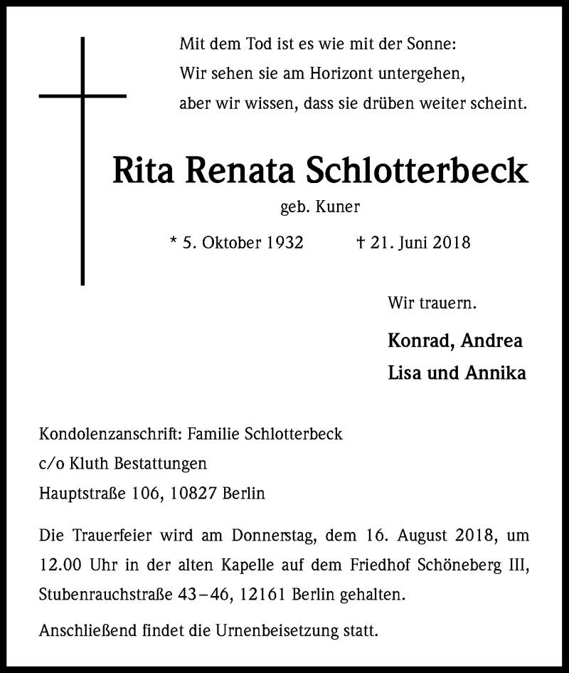  Traueranzeige für Rita Renata Schlotterbeck vom 30.06.2018 aus Kölner Stadt-Anzeiger / Kölnische Rundschau / Express
