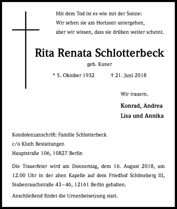 Anzeige von Rita Renata Schlotterbeck von Kölner Stadt-Anzeiger / Kölnische Rundschau / Express