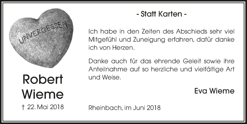  Traueranzeige für Robert Wieme vom 20.06.2018 aus  Schaufenster/Blickpunkt 