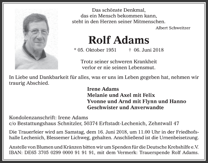  Traueranzeige für Rolf Adams vom 13.06.2018 aus  Werbepost 