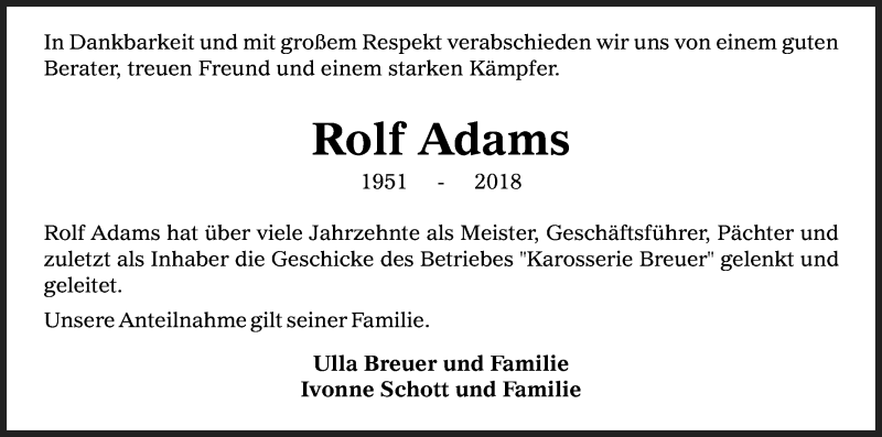  Traueranzeige für Rolf Adams vom 09.06.2018 aus Kölner Stadt-Anzeiger / Kölnische Rundschau / Express