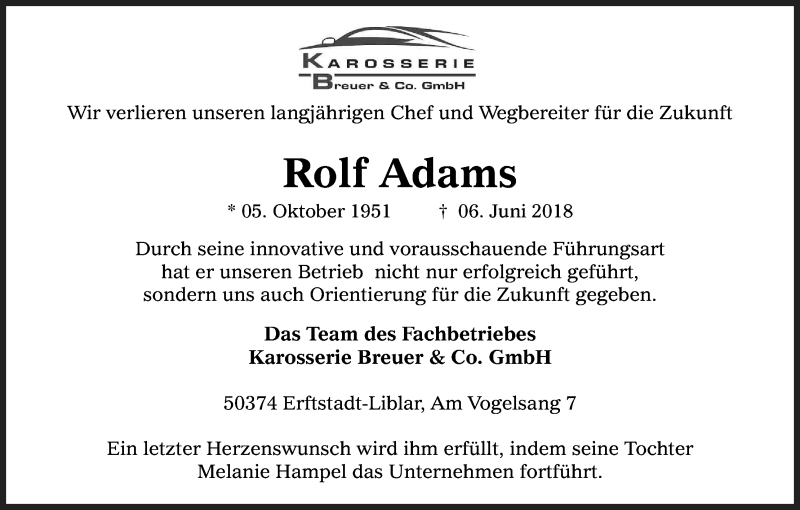  Traueranzeige für Rolf Adams vom 09.06.2018 aus Kölner Stadt-Anzeiger / Kölnische Rundschau / Express