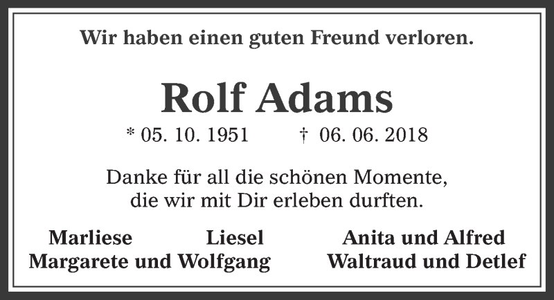  Traueranzeige für Rolf Adams vom 13.06.2018 aus  Werbepost 