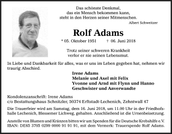 Anzeige von Rolf Adams von Kölner Stadt-Anzeiger / Kölnische Rundschau / Express