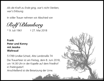 Anzeige von Rolf Blumberg von Kölner Stadt-Anzeiger / Kölnische Rundschau / Express