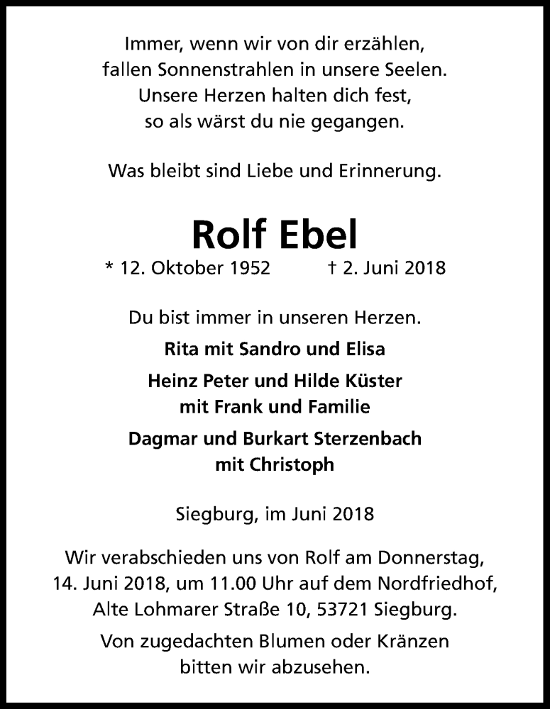 Traueranzeige für Rolf Ebel vom 11.06.2018 aus Kölner Stadt-Anzeiger / Kölnische Rundschau / Express