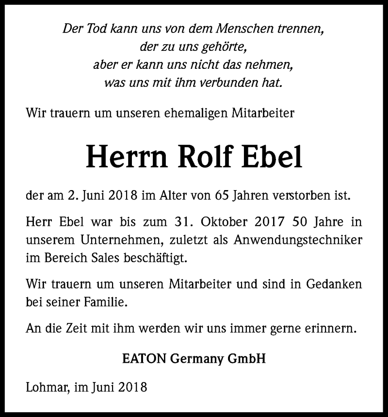  Traueranzeige für Rolf Ebel vom 11.06.2018 aus Kölner Stadt-Anzeiger / Kölnische Rundschau / Express