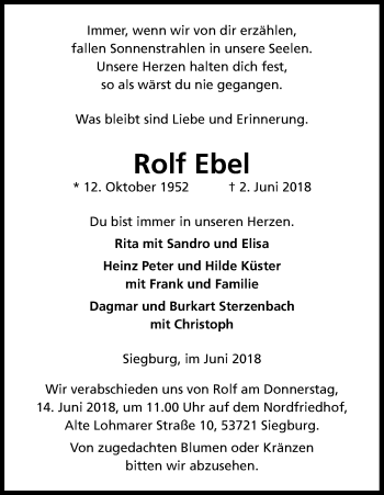 Anzeige von Rolf Ebel von Kölner Stadt-Anzeiger / Kölnische Rundschau / Express