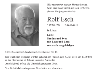 Anzeige von Rolf Esch von  Blickpunkt Euskirchen 