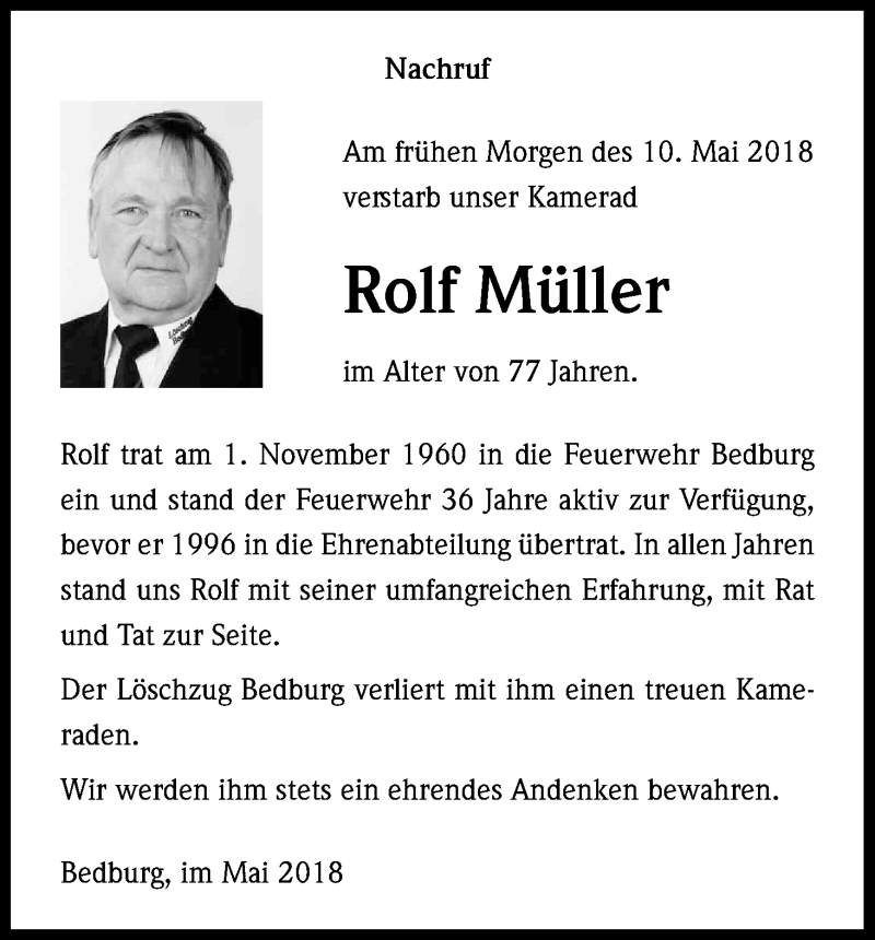  Traueranzeige für Rolf Müller vom 02.06.2018 aus Kölner Stadt-Anzeiger / Kölnische Rundschau / Express