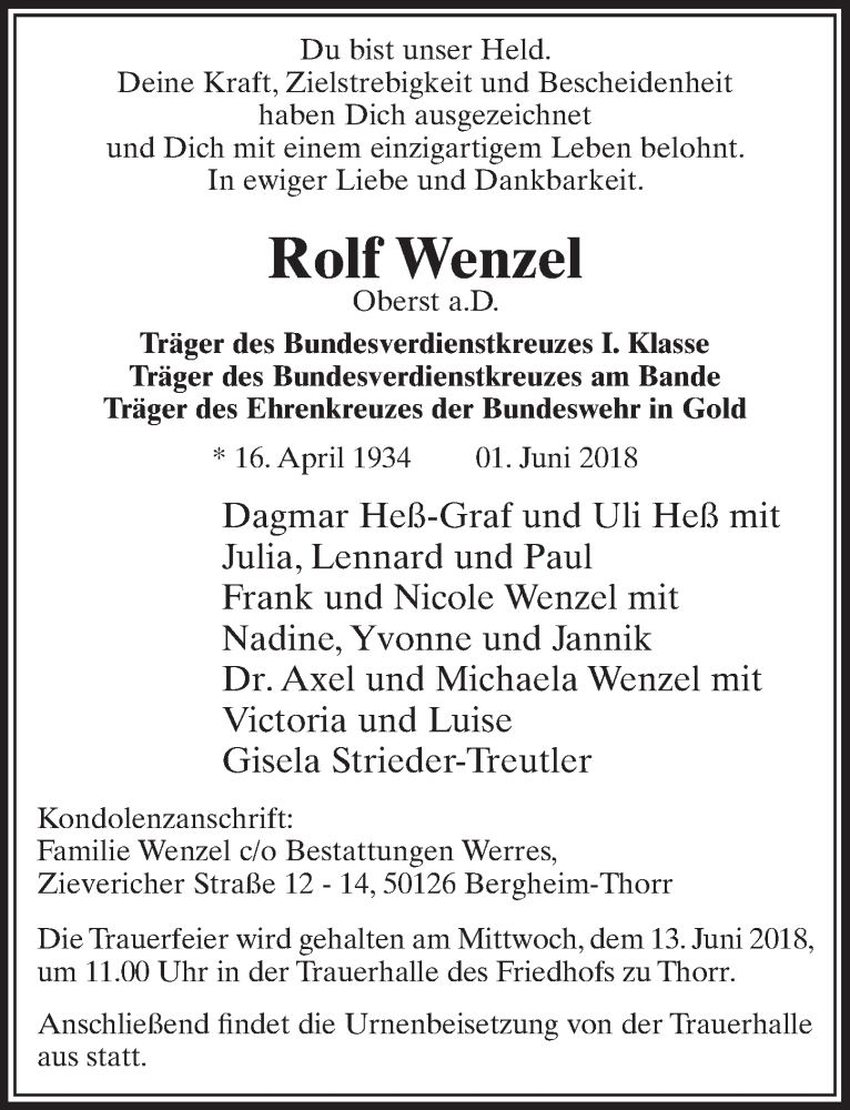  Traueranzeige für Rolf Wenzel vom 09.06.2018 aus  Sonntags-Post 