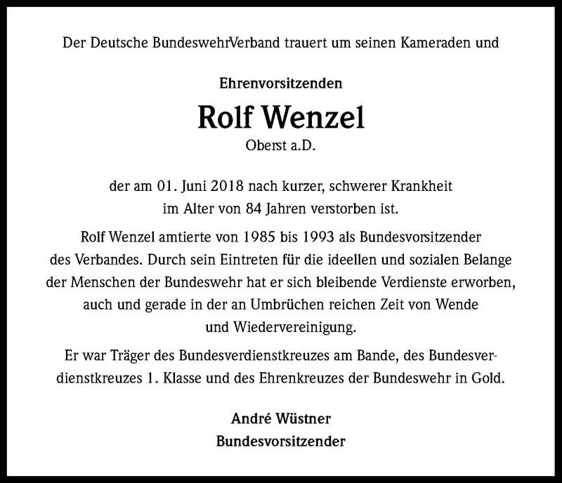  Traueranzeige für Rolf Wenzel vom 09.06.2018 aus Kölner Stadt-Anzeiger / Kölnische Rundschau / Express