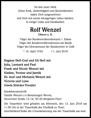 Anzeige von Rolf Wenzel von Kölner Stadt-Anzeiger / Kölnische Rundschau / Express