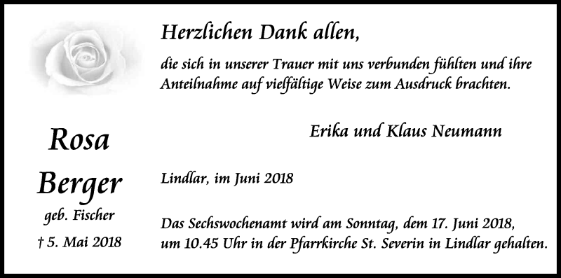 Traueranzeige für Rosa Berger vom 09.06.2018 aus Kölner Stadt-Anzeiger / Kölnische Rundschau / Express