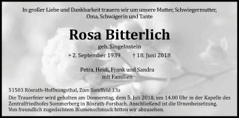 Anzeige von Rosa Bitterlich von Kölner Stadt-Anzeiger / Kölnische Rundschau / Express