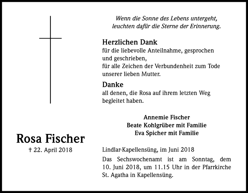  Traueranzeige für Rosa Fischer vom 02.06.2018 aus Kölner Stadt-Anzeiger / Kölnische Rundschau / Express