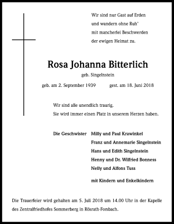 Anzeige von Rosa Johanna Bitterlich von Kölner Stadt-Anzeiger / Kölnische Rundschau / Express
