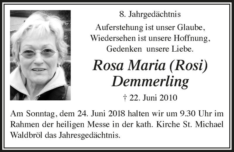  Traueranzeige für Rosa Maria Demmerling vom 20.06.2018 aus  Lokalanzeiger 