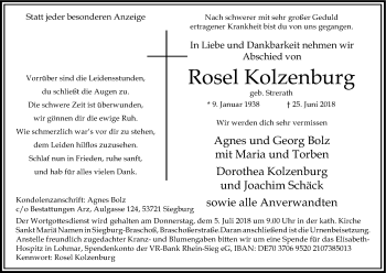 Anzeige von Rosel Kolzenburg von Kölner Stadt-Anzeiger / Kölnische Rundschau / Express