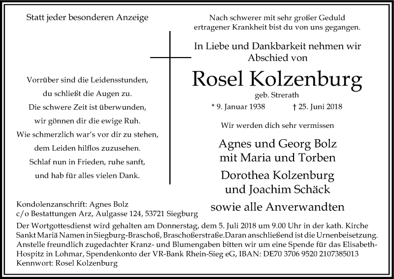  Traueranzeige für Rosel Kolzenburg vom 30.06.2018 aus Kölner Stadt-Anzeiger / Kölnische Rundschau / Express