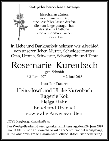 Anzeige von Rosemarie Kurenbach von Kölner Stadt-Anzeiger / Kölnische Rundschau / Express