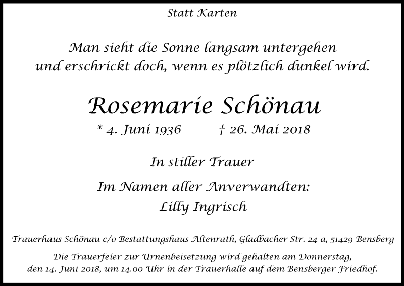  Traueranzeige für Rosemarie Schönau vom 09.06.2018 aus Kölner Stadt-Anzeiger / Kölnische Rundschau / Express