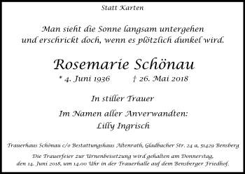 Anzeige von Rosemarie Schönau von Kölner Stadt-Anzeiger / Kölnische Rundschau / Express