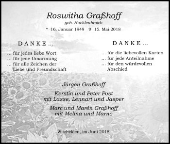 Anzeige von Roswitha Graßhoff von Kölner Stadt-Anzeiger / Kölnische Rundschau / Express