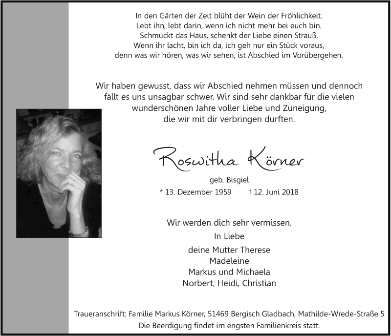  Traueranzeige für Roswitha Körner vom 20.06.2018 aus  Bergisches Handelsblatt 