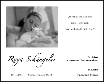 Anzeige von Roya Schüngeler von Kölner Stadt-Anzeiger / Kölnische Rundschau / Express
