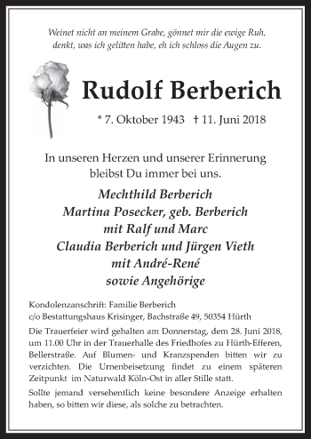 Anzeige von Rudolf Berberich von  Wochenende 