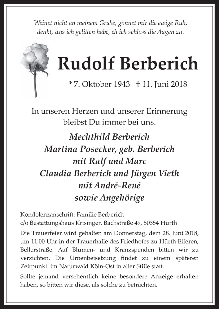  Traueranzeige für Rudolf Berberich vom 20.06.2018 aus  Wochenende 