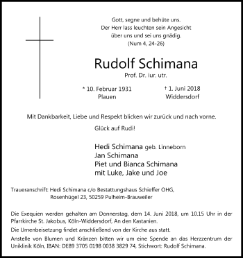 Anzeige von Rudolf Schimana von Kölner Stadt-Anzeiger / Kölnische Rundschau / Express
