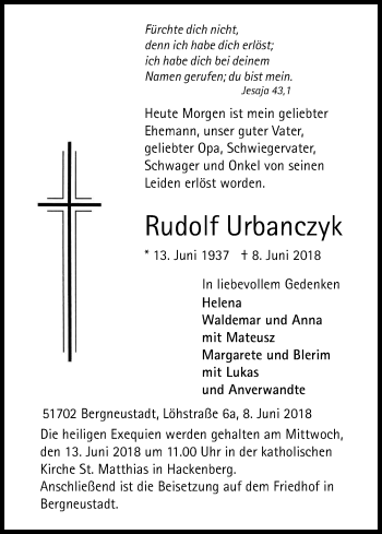 Anzeige von Rudolf Urbanczyk von Kölner Stadt-Anzeiger / Kölnische Rundschau / Express