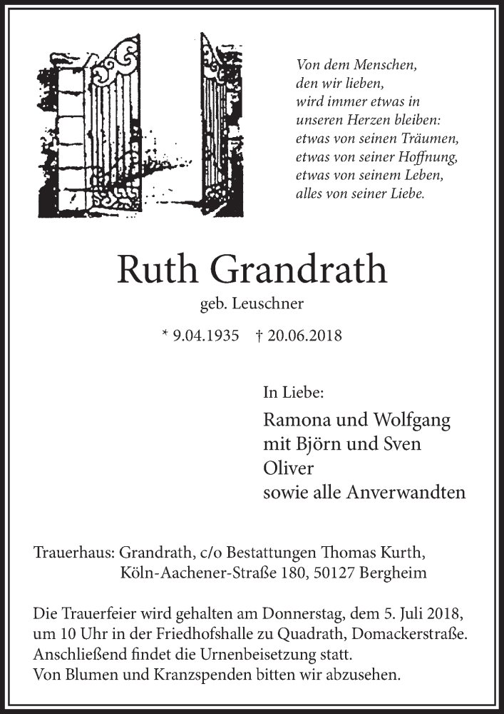  Traueranzeige für Ruth Grandrath vom 30.06.2018 aus  Sonntags-Post 